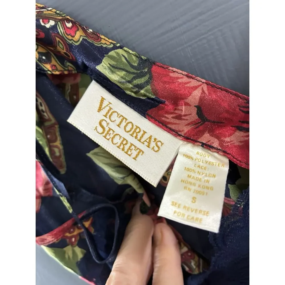 Vtg Victorias Secret Liquid Satin Chemise Slip Small Floral Gold Label Glossy